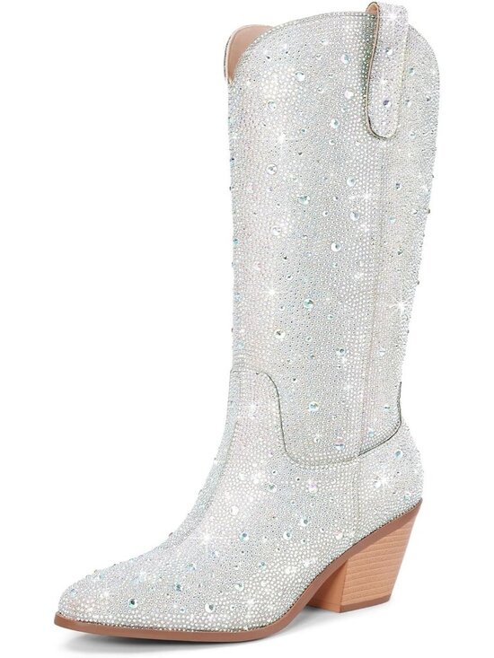 Shoes - Women's Mid Calf White Western Rhinestone Chunky Heel Fashion Cowgirl Ankle Boot